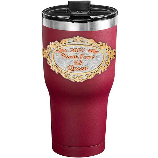 A customized tumbler made of stainless steel with a personalized engraved initials and North Texas High School Queen lettering, 30 oz, ideal for coffee or cool drinks